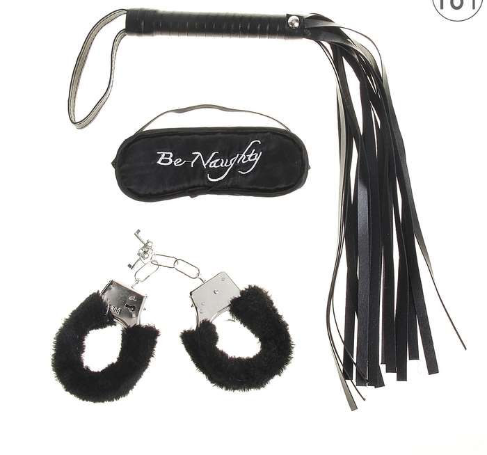 Набор влюбленных 3 предмета: плетка, наручники, повязка, цвет черный